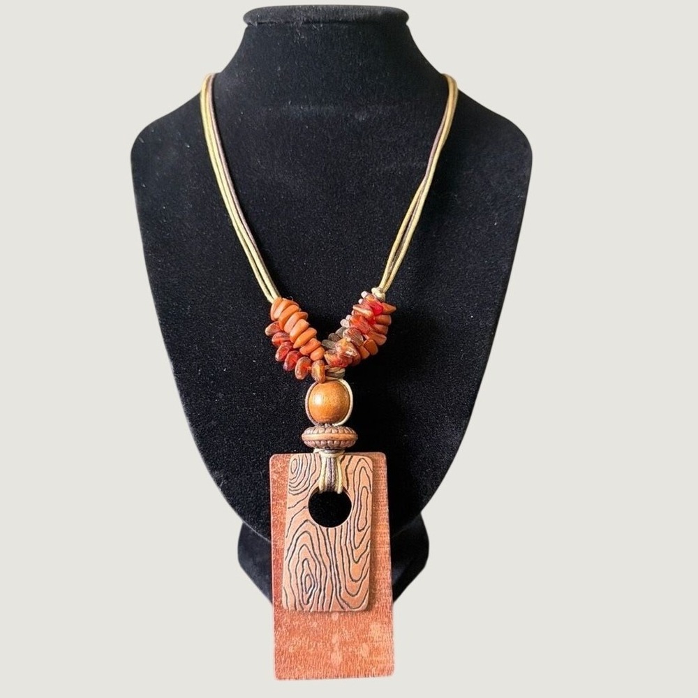 You & i Boho Wood Stone Statement Necklace Orange Brown Multi Strand Pendant
